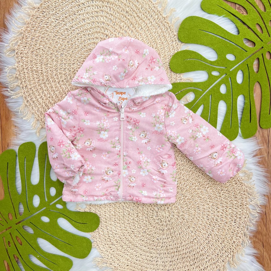 Jaqueta Pelinho de Carneiro Reversível Raposa Fadinha - Rosa 